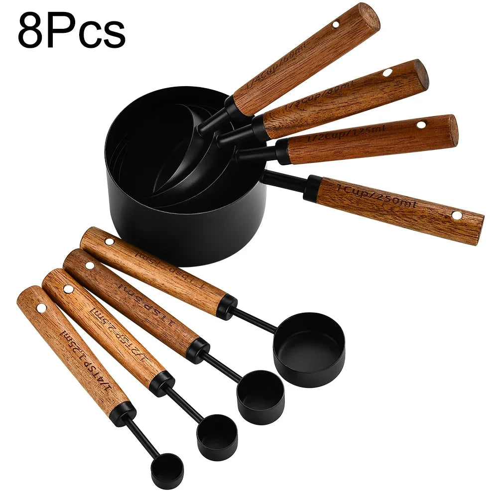 Stainless Steel Measuring Cups with Wooden Handle in 4 or 8 piece Set