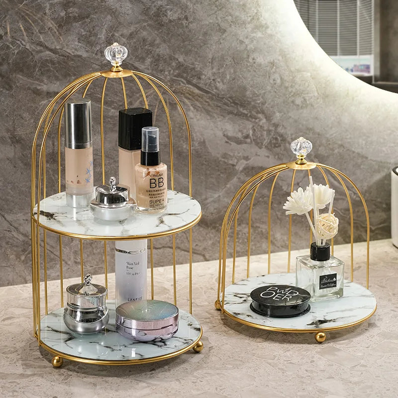 Gold Iron Birdcage Cosmetic Tray Shelf Organizer