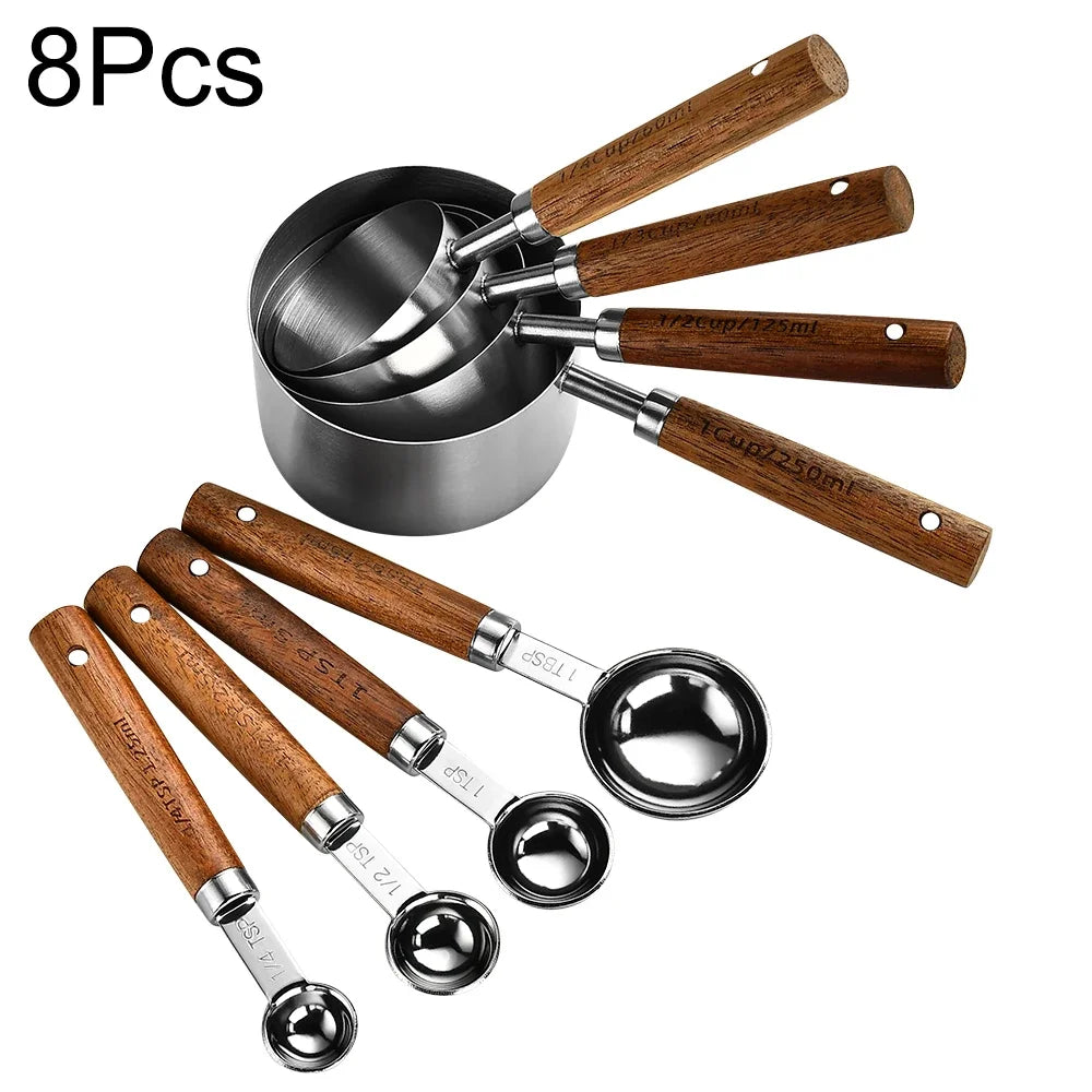 Stainless Steel Measuring Cups with Wooden Handle in 4 or 8 piece Set