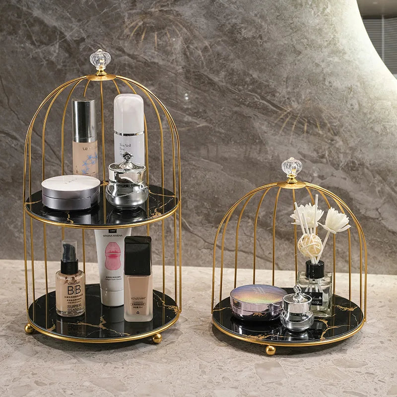 Gold Iron Birdcage Cosmetic Tray Shelf Organizer