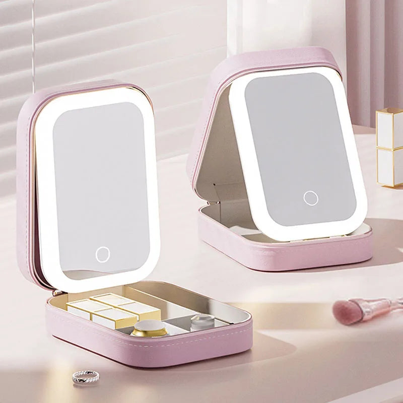 LED Makeup Bag With Mirror - Portable Cosmetic Jewelry Storage