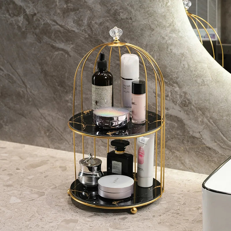 Gold Iron Birdcage Cosmetic Tray Shelf Organizer