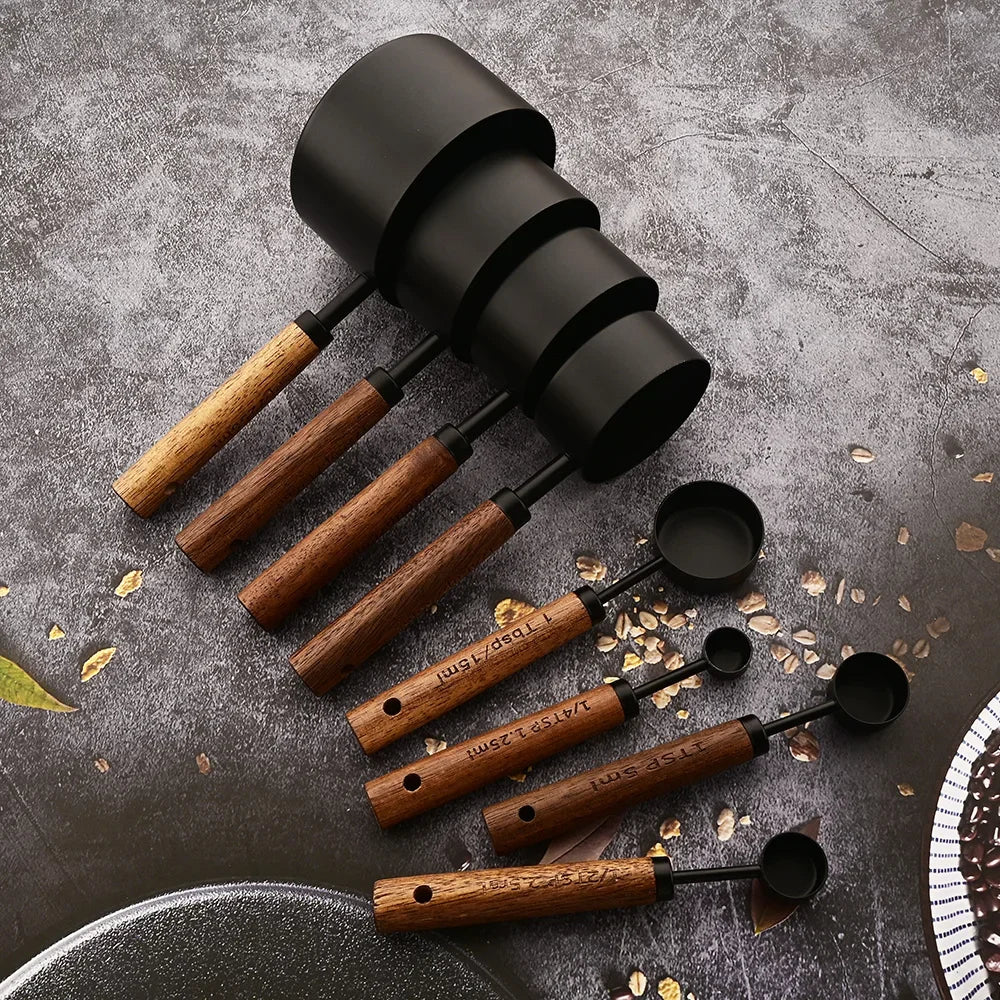 Stainless Steel Measuring Cups with Wooden Handle in 4 or 8 piece Set