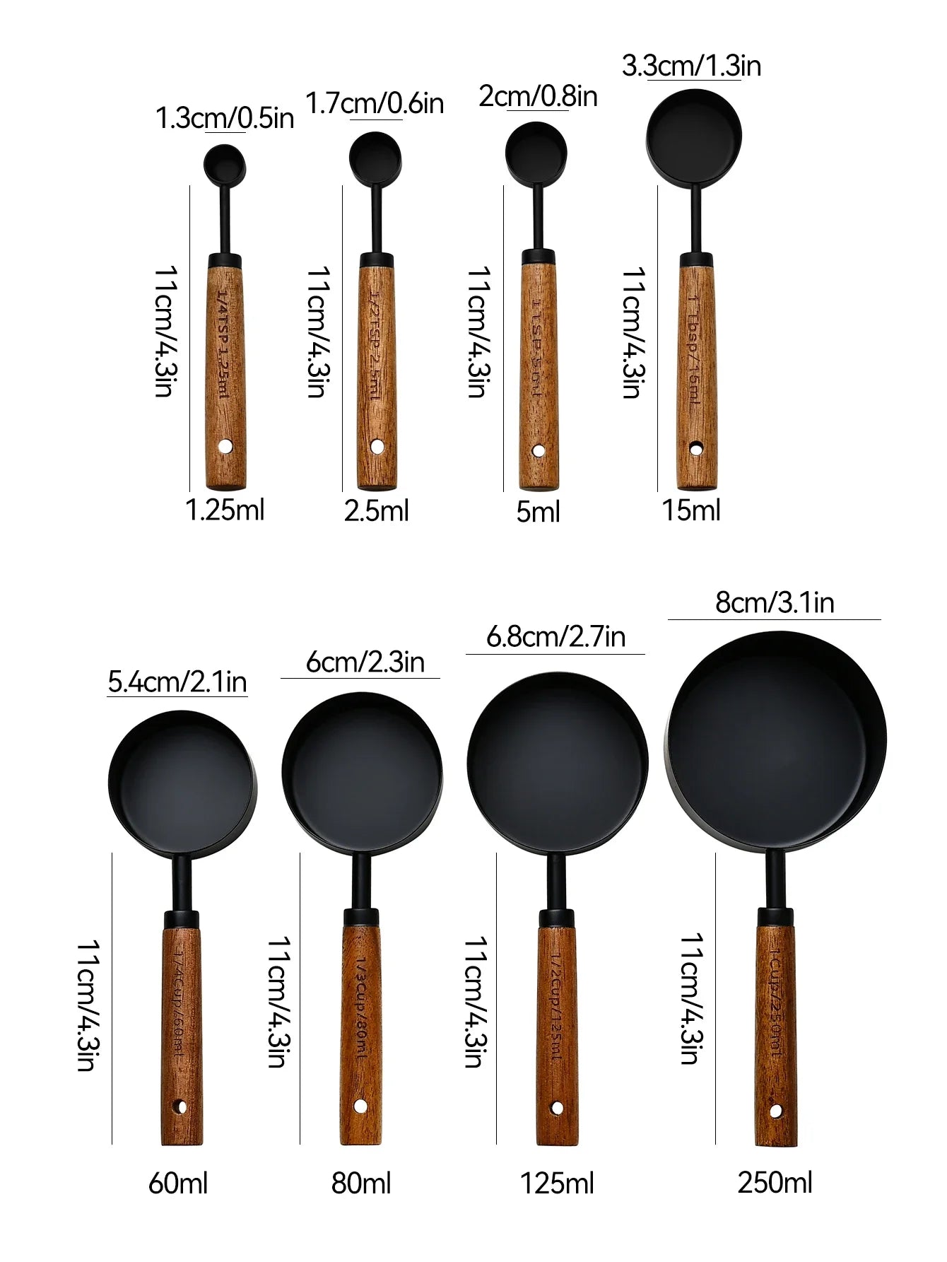 Stainless Steel Measuring Cups with Wooden Handle in 4 or 8 piece Set