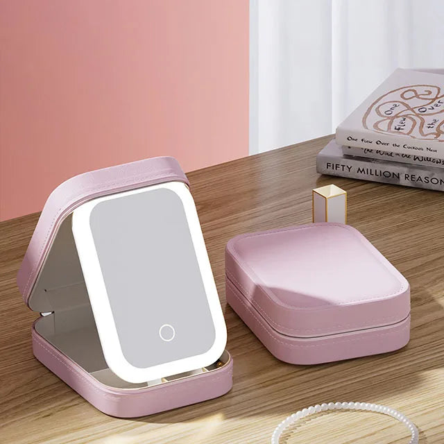 LED Makeup Bag With Mirror - Portable Cosmetic Jewelry Storage