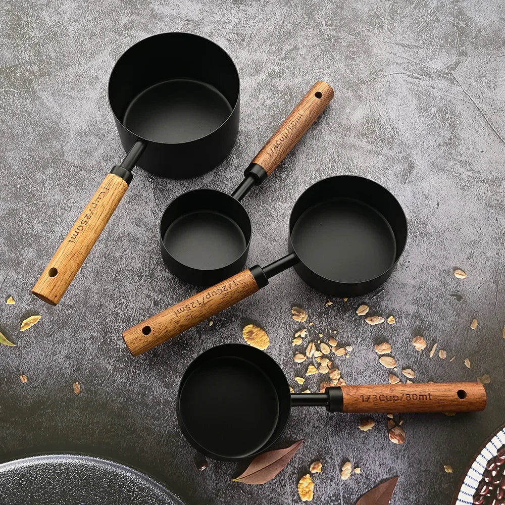 Stainless Steel Measuring Cups with Wooden Handle in 4 or 8 piece Set