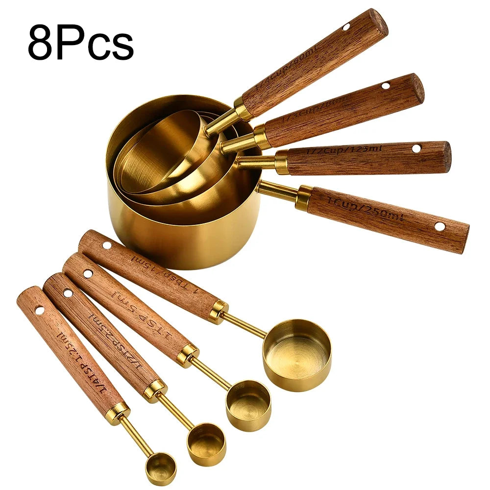 Stainless Steel Measuring Cups with Wooden Handle in 4 or 8 piece Set