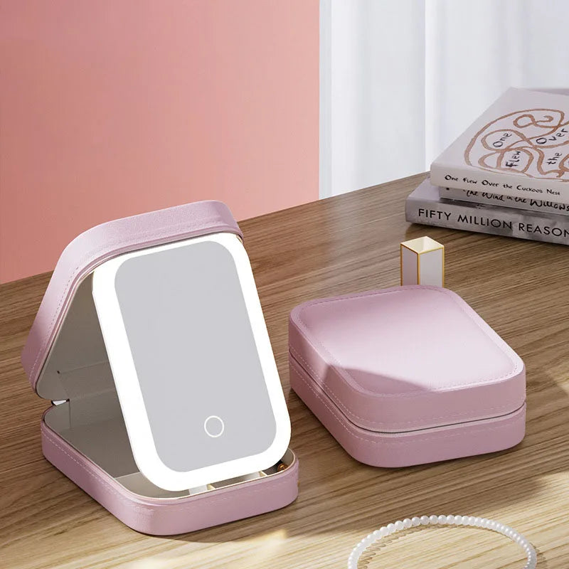 LED Makeup Bag With Mirror - Portable Cosmetic Jewelry Storage