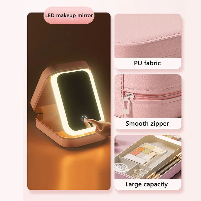 LED Makeup Bag With Mirror - Portable Cosmetic Jewelry Storage