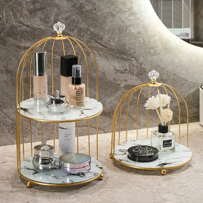 Gold Iron Birdcage Cosmetic Tray Shelf Organizer