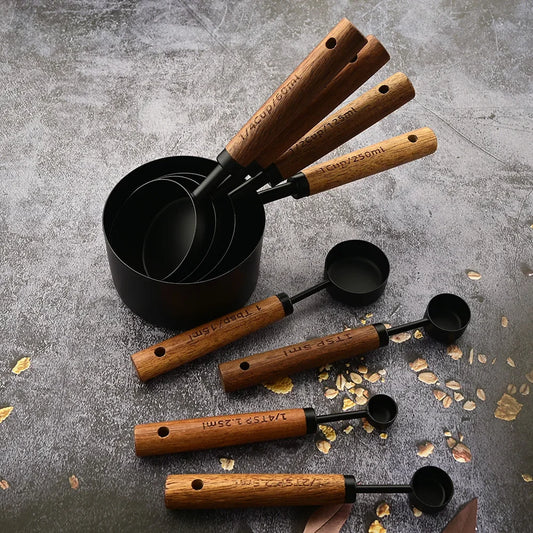 Stainless Steel Measuring Cups with Wooden Handle in 4 or 8 piece Set
