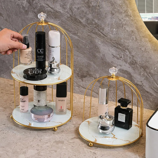 Gold Iron Birdcage Cosmetic Tray Shelf Organizer