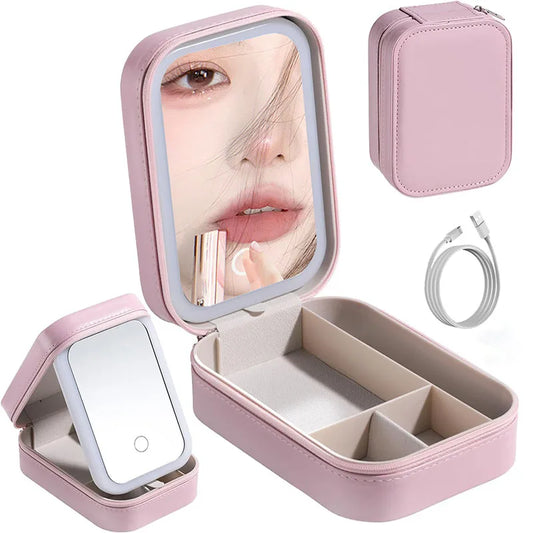 LED Makeup Bag With Mirror - Portable Cosmetic Jewelry Storage
