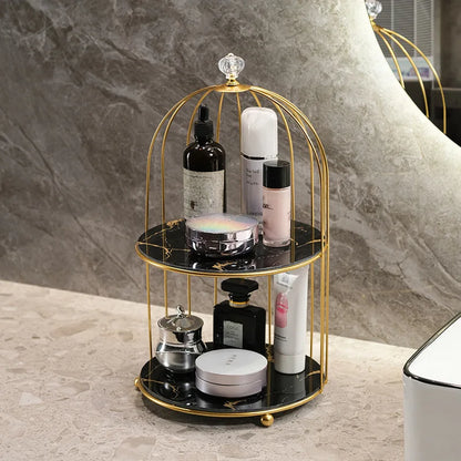 Gold Iron Birdcage Cosmetic Tray Shelf Organizer