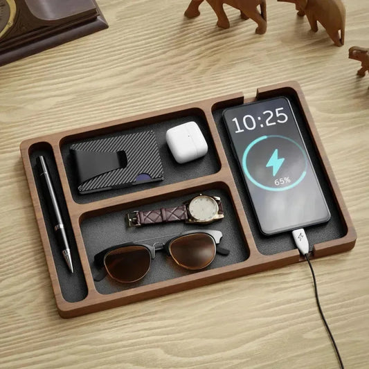 Wooden Desktop Tabletop Phone and Accessory Storage Organizer Tray