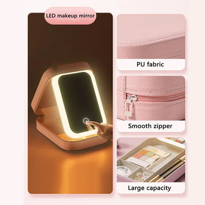 LED Makeup Bag With Mirror - Portable Cosmetic Jewelry Storage